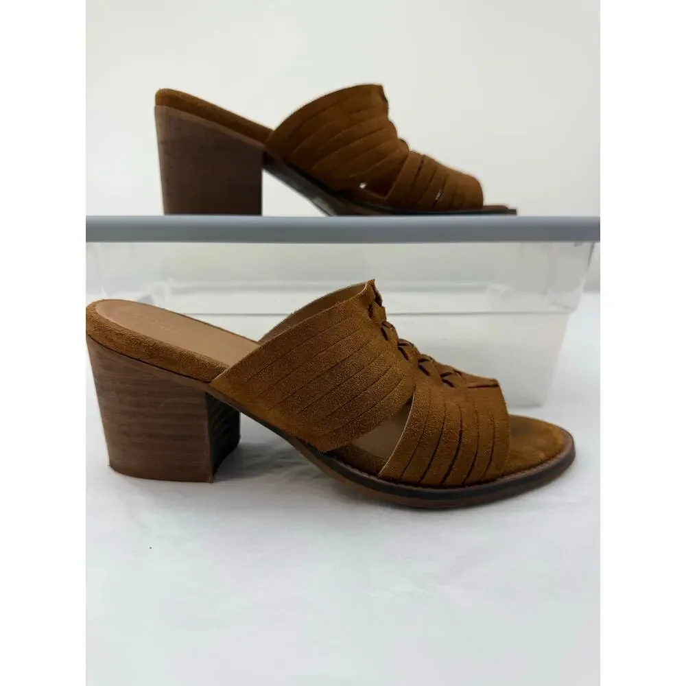 Garnet Hill Brown Suede‎ Leather Slide Sandals Chunky Heel Size 37 Boho Resort